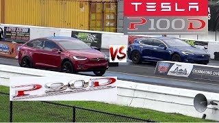 680 HP Tesla S P100D vs 536 HP Tesla X P90D  Quiet 14 Mile Drag Race Road Test TV ® [upl. by Joachim134]