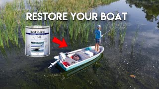 RUSTOLEUM TOPSIDE MARINE PAINT FIBERGLASS BOAT RESTORATION [upl. by Nathanil]