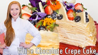 40Layer White Chocolate Crepe Cake Recipe  topped with edible flowers [upl. by Ydnerb286]