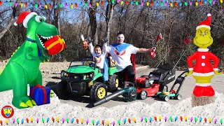 Fixing holiday lights with our lawn mower chainsaw leaf blower and weed eater  Mowers for kids [upl. by Carlile]