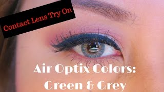 Air Optix Colors Try on Green amp Gray on Dark Brown Eyes HD  MaryMelzTV [upl. by Kurtzig714]