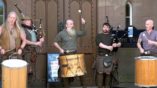 Thundering Drums of Clanadonia the wild men of Scottish Street Pipes and Drums outside Scone Palace [upl. by Tsirc656]