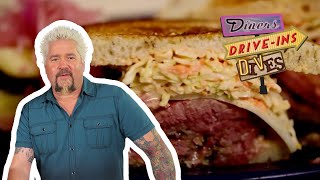 Guy Fieri Eats RealDeal Pastrami in California  Diners DriveIns and Dives  Food Network [upl. by Ellehcem806]