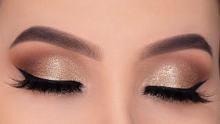 Classic Golden Glitter Eye Makeup Tutorial  Holiday Eye Look [upl. by Oicnaneb]