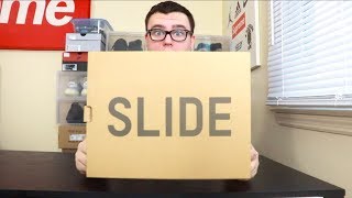 YEEZY SLIDES UNBOXING DESERT SAND YEEZY SUPPLY EXCLUSIVE [upl. by Annaor402]