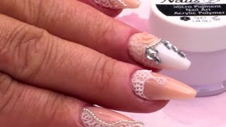 Vintage Bridal Nail Art Design Tutorial  Simple Lace effect 3D Acylic [upl. by Netsrijk]