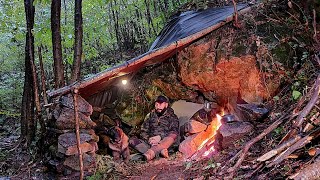 Bushcraft SURVIVAL CAMPING in the RAIN  Stone Shelter Build Outdoor Cooking Nature Adventure [upl. by Anatola92]