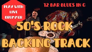 50S ROCK BACKING TRACK  LIVE DRUMMER VIDEO  Chuck Berry Style  Key of G  RockabillyBluesSurf [upl. by Parke322]