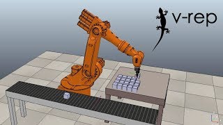 Pick and place application with KUKA KR16 robot using vrep CoppeliaSim and Matlab [upl. by Carlota]