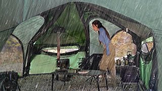 INTERESTING SPACE STATION SHAPED INFLATABLE TENT CAMPING WITH WOODSTOVE IN THE RAIN [upl. by Aissila]