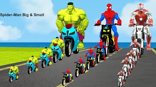 Siêu nhân nhện🔴SpiderMan Big amp Small Motorcycle Obstacle Challenge vs Red Iron Man vs Hulk green [upl. by Isolde]