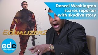 EQUALIZER 2 Denzel Washington scares reporter with skydive story [upl. by Lehsreh]