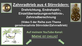 Zahnradtrieb aus 4 Stirnrädern Drehrichtung Endrehzahl Übersetzungsverhältnis ZahnradmaßeVideo5 [upl. by Pahl]