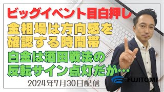 【金相場・白金相場】今週はビッグイベント目白押し！ 金相場は方向感を確認する時間帯！ 白金は酒田戦法の反転サイン点灯だが…！？ ＜テクニカル分析でみた見通しと戦略＞ 20240730配信 [upl. by Lavine]