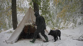 WINTER BLIZZARD CAMPING in 37°C HOT TENT [upl. by Renrew]