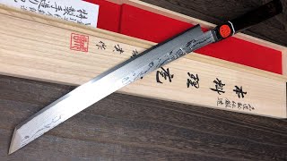 Shigeki Tanaka VG10 Damascus SENKO SakimaruTakohikiSashimi 300mm with Ebony Handle [upl. by Lattimer]