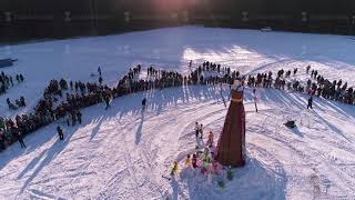 Moscow Russia  February 26 2018 Aerial view of Traditional burning of Maslenitsa Scarecrow [upl. by Odrautse]