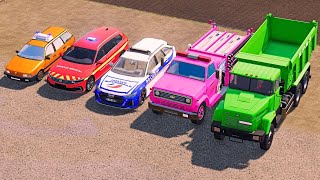 POLICE CARS amp AMBULANCE EMERGENCY VEHICLES VW AUDI CHEVY TRANSPORTING WITH TRUCKS  FS 22 27 [upl. by Aicirtel]