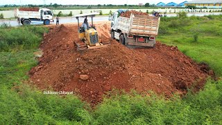 Great action dozer and tuck working pushing unloading dirt making road  dozer pushing dirt with tru [upl. by Damon]