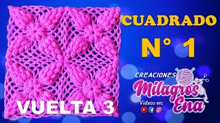 Vuelta 3 del tutorial Cuadrado N° 1 tejido a crochet en punto UVAS paso a paso para Mantas [upl. by Dnomsad]