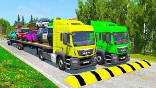 Flatbed Trailer Truck Potholes Transport Car Portal Trap Rescue  Cars vs Speed Bumps  BeamNGdrive [upl. by Riess]