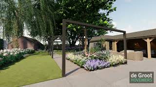 15703  De Groot Hoveniers  3D Tuinontwerp  Achtertuin met pergola en gerestylede buitenkamer [upl. by Pavel]