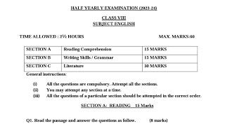 Half Yearly Exam Question Paper  Class8 ENGLISH 2023 CBSE Paper For Kendriya Vidyalaya Students [upl. by Junji]