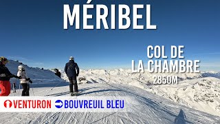 Skiing red and blue pistes Venturon and Bouvreuil bleu in Méribel Les 3 Vallées 4K UHD [upl. by Simonsen]