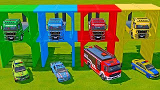 POLICE CARS ALL COLORS LOAD amp TRANSPORT DACIA VOLKSWAGEN MINIBUS BMW with CRAZY MAN TRUCKS FS22 [upl. by Ardnaskela]