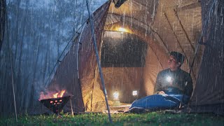 HOT TENT CAMPING IN RAIN • RELAXING WITH PERFECT RAIN TENT • Solo Camping ASMR [upl. by Oneg638]