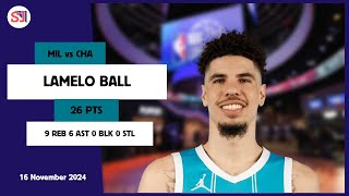 LAMELO BALL 26 PTS vs MIL 16 Nov 2425 CHA Highlights [upl. by Inessa63]