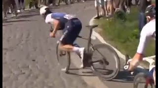 Yves Lampaert gets taken out by dimwit spectator Paris Roubaix 2022 [upl. by Rycca]