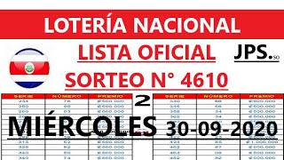 Lista oficial del Sorteo de Lotería Nacional N°4610 de hoy Miércoles 30 de Setiembre del 2020 🔴 JPS [upl. by Ahseela762]