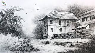 How to draw Houses in Village Street Scenery Art [upl. by Tertia]