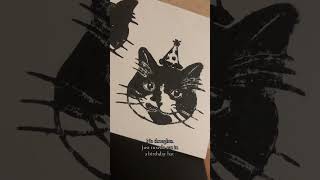 Tuxedo Cat in a Birthday Hat linoprint [upl. by Lalittah]