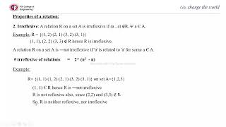 DMS unit 3 Lecture2 Properties of relations Reflexive Irreflexive Symmetric Asymmetric [upl. by Trumann]