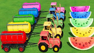 LOAD amp TRANSPORT WATERMELON amp TANKER w MINI WOOD TRACTORS amp FLATBED TRAILER amp CAT LOADERS FS 22 [upl. by Greeley989]