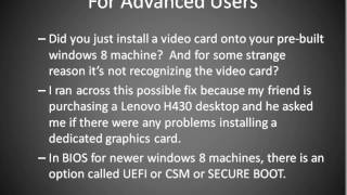 Cant see Bios boot screen after changing Video Card For Windows 8 PCs like DellLenovo [upl. by Nnaylime]