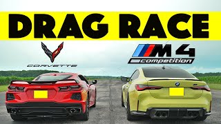 BMW M4 Comp G82 vs Chevy Corvette C8 drag and roll race Shocking Result [upl. by Milburr]