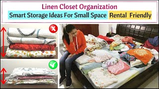 Linen Closet Organization  How To Create More Storage  Bed Sheets And Blankets Storage Ideas [upl. by Cooe]