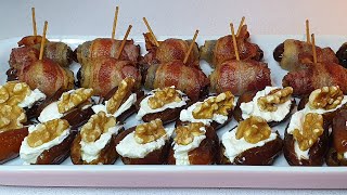 DÁTILES CON BACON Y DÁTILES RELLENOS DE QUESO CREMA CON NUECES Dos aperitivos fáciles y buenísimos [upl. by Schroer619]