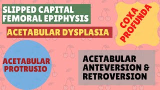 SLIPPED CAPITAL FEMORAL EPIPHYSIS COXA PROFUNDA ACETABULAR PROTURSIO ANTEVERSION amp RETROVERSION [upl. by Niran877]