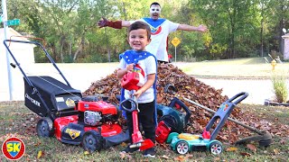 Leaf pile clean up with our lawn mower weed eater and leaf blower  Lawn mowers for kids [upl. by Astrix]