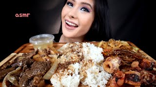 ASMR EATING FILIPINO BEEF STEAK BISTEK  CRISPY FRIED CALAMARI  PANCIT BIHON MUKBANG [upl. by Amadeo753]