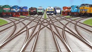 9 Trains Crossing At Bumpy Forked Railroad crossing  train videos indian railways toy videos [upl. by Nereen]