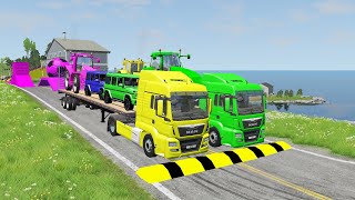 Double Flatbet Tailer Truck vs speedbumps Train vs Cars  Tractor vs Train BeamngDrive [upl. by Eisenstark565]