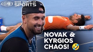 Kyrgios amp Djokovics hilarious exhibition match gets out of hand 🤣  Wide World of Sports [upl. by Blakeley]