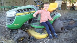 Our tractor is stuck  Playing in the mud with lawn mower  Tractors for kids [upl. by Corenda]