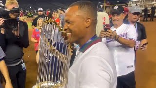 Rangers legend Adrian Beltre gets to hold the World Series trophy thanks to Martin Perez [upl. by Montford]