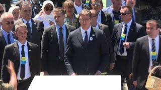 Serbian PM flees Srebrenica as stones insults fly [upl. by Waynant]